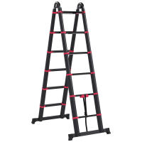 HOMCOM Escalera de Aluminio Plegable 2 Formas de Uso Retráctil Portátil Escalera Telescópica 12 Escalones Antideslizantes Carga 150 kg 379x67,5x11 cm Negro y Rojo - details 0