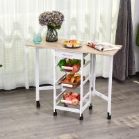 HOMCOM Carrito de Cocina Plegable Carrito Auxiliar con 6 Ruedas 1 Cajón y 3 Cesta de Metal Carro de Servicio Multifuncional para Almacenamiento Carga 50 kg 97,2x37x77,5 cm Blanco y Roble - details 1