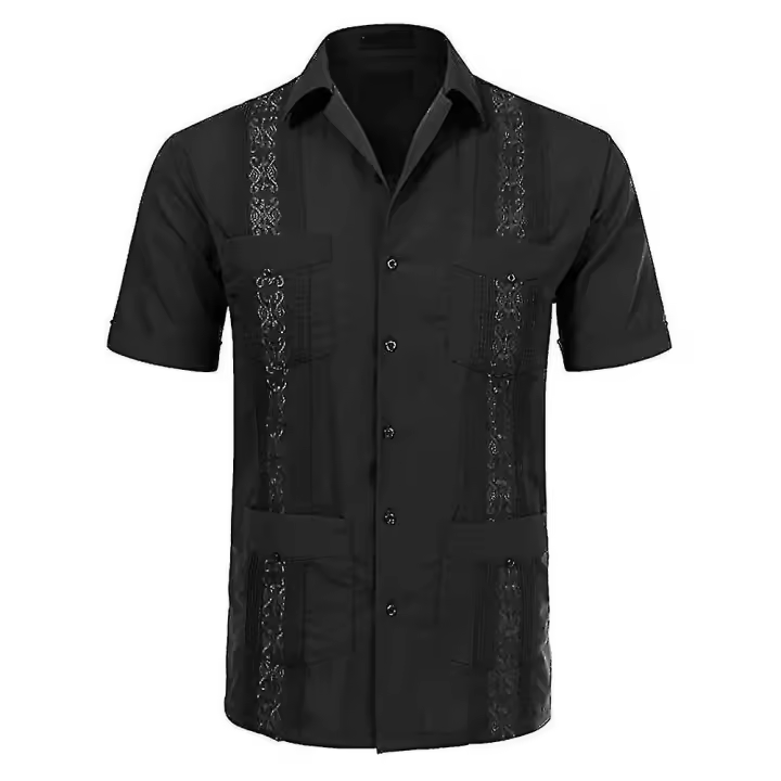 Hombres de manga corta cubano playa Tops bolsillo guayabera Camisas - 1