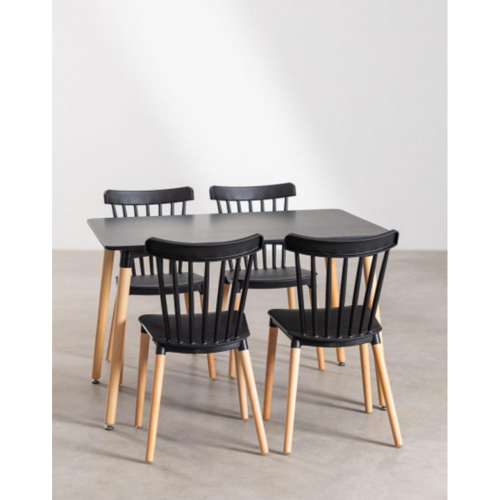 ORION91 Conjunto ALCIONE Mesa Rectangular (120x80x75 cm) + 4 Sillas Color Negro🖤Patas Haya (83x48x52,5 cm) Comedor, Oficina, Salón, Teletrabajo, Cocina - spaziOrion91
