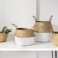Cesta De Almacenamiento Plegable Estilo Nórdico En Color Verde Para Macetas De Planta Hecha De Paja Y Seagrass Rattan - details 4