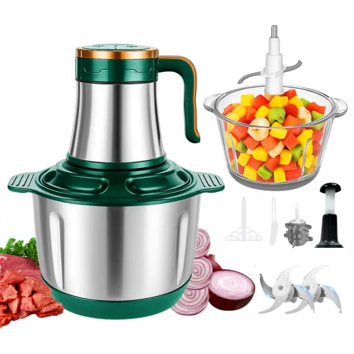 Swiss Line  Picadora Eléctrica - Bol Acero Inoxidable + Bol de vidrio 3 Litros/ 1200w 2 velocidades. Accesorios variados. Pica todo tipo de alimentos. Procesador de alimentos frutas, verduras y carnes. - 1