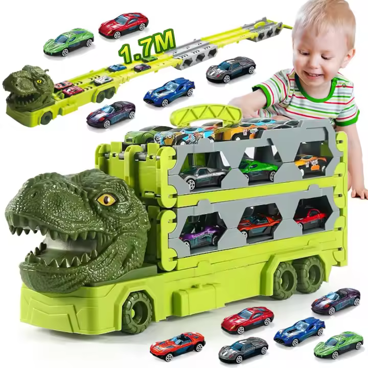 Carro de Transporte de Juguetes para niños de 3, 4, 5, 6, 7 Y 8 años, pista de Carreras de Dinosaur portátil Con 6, juego de Trucies de Juego para niños. - 1