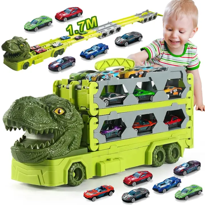 Camión de transporte de juguete para niños de 3, 4, 5, 6, 7 y 8 años, pista de carreras de dinosaurios portátil con 6 coches de carreras, juego de camiones de juguete para niños. - 1