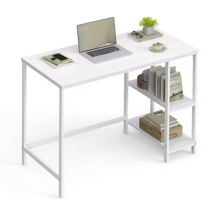Escritorio Industrial con 2 Estantes Ajustables - Mesa de Trabajo para Oficina o Salón, Estructura de Acero, Marrón Rústico y Negro Tinta - 1