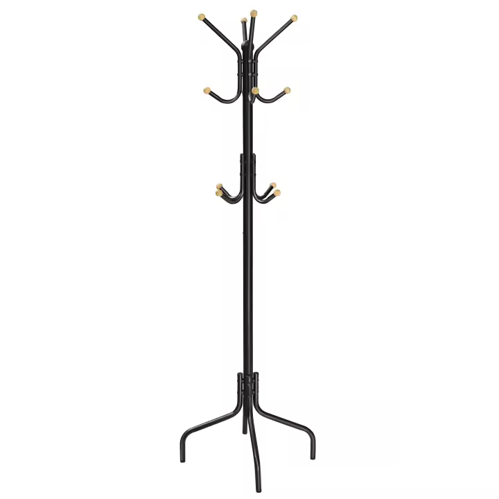 SONGMICS Perchero de Pie, Perchero de Metal con 12 Ganchos, 4 Patas, para Colgar Abrigos, Sombreros y Bolsos, para Entrada, Dormitorio, Oficina, Blanco/Marrón/Negro - 1