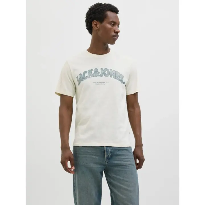 Jack&Jones - Camiseta de Manga Corta para Hombre - Blanco - Cuello Redondo, Corte Regular y Estampado Suave - 1