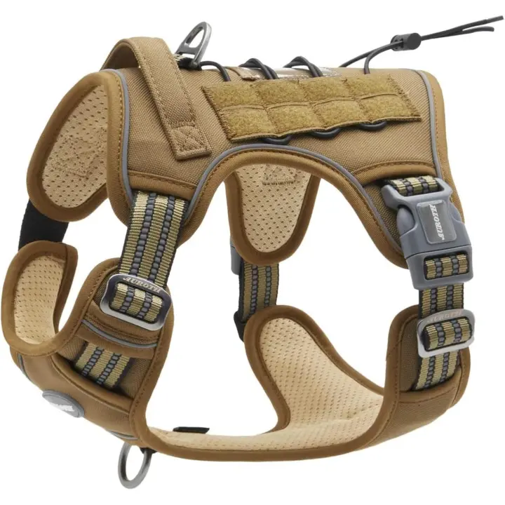 Arnés táctico antineumáticos para Perros, adjustable, transpired, para Perros medianos y grandes, con materiales militares reflectantes, Talla L, Verde y marron. - 1