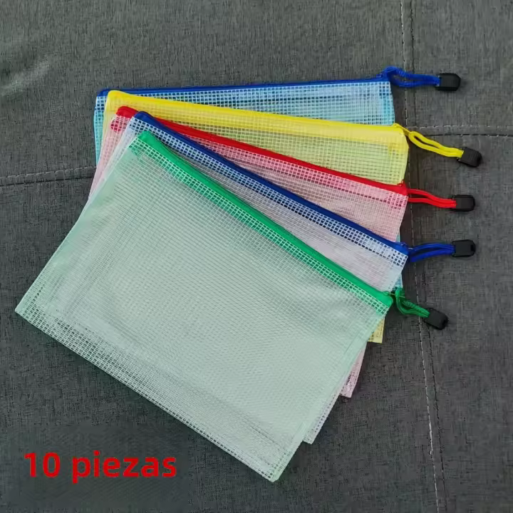 10Pcs Bolsa De Documentos Mixta De Colores Con Cierre De Cremallera Y Malla Bolsa Impermeable Para Almacenamiento De Papelería Y Archivos Expansibles - 1