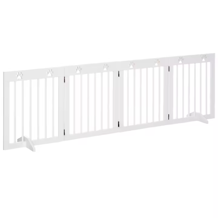 PawHut Barrera para Perros Plegable de 4 Paneles 204x61 cm Barrera de Seguridad para Perros Pequeños con Estructura de Madera y Patas de Apoyo para Pasillo Escalera Blanco - 1