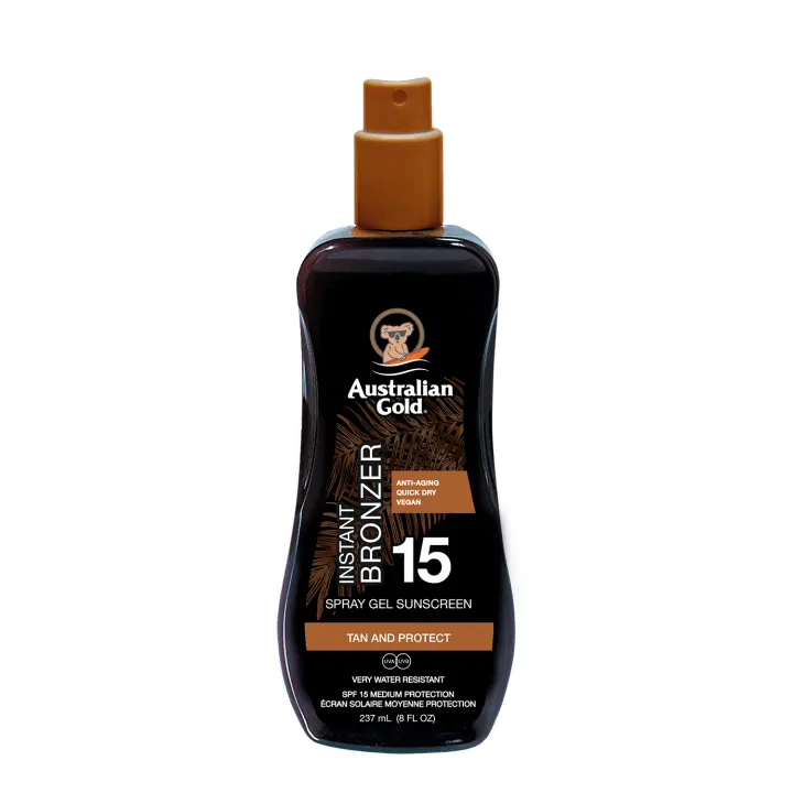 Australian Gold SPF 15 SPRAY GEL W/ BRONZER, protector solar en spray con textura de gel con acelerador del bronceado, 237ml - 1