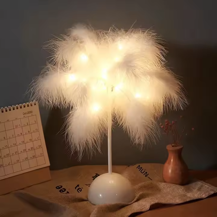 Lámpara De Mesa Con Plumas Luz Nocturna LED Para Decoración De Bodas Y Dormitorios Con Control Remoto Fuente De Alimentación Por Batería - 1