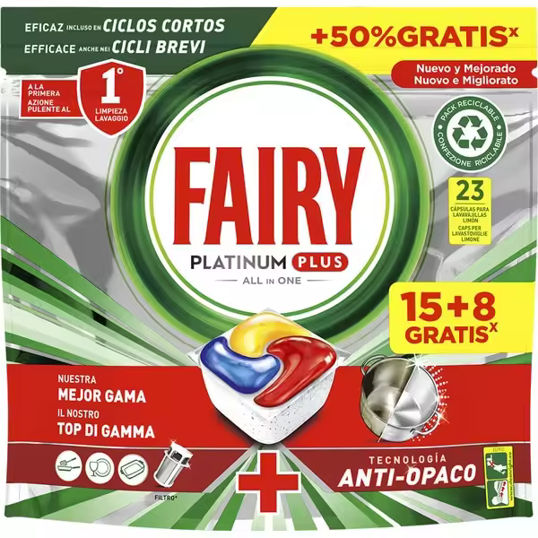 FAIRY Platinum Plus Lavavajillas en cápsulas, formato 15+8 dosis, tecnología anti-opaco, mejor gama de Fairy - 1