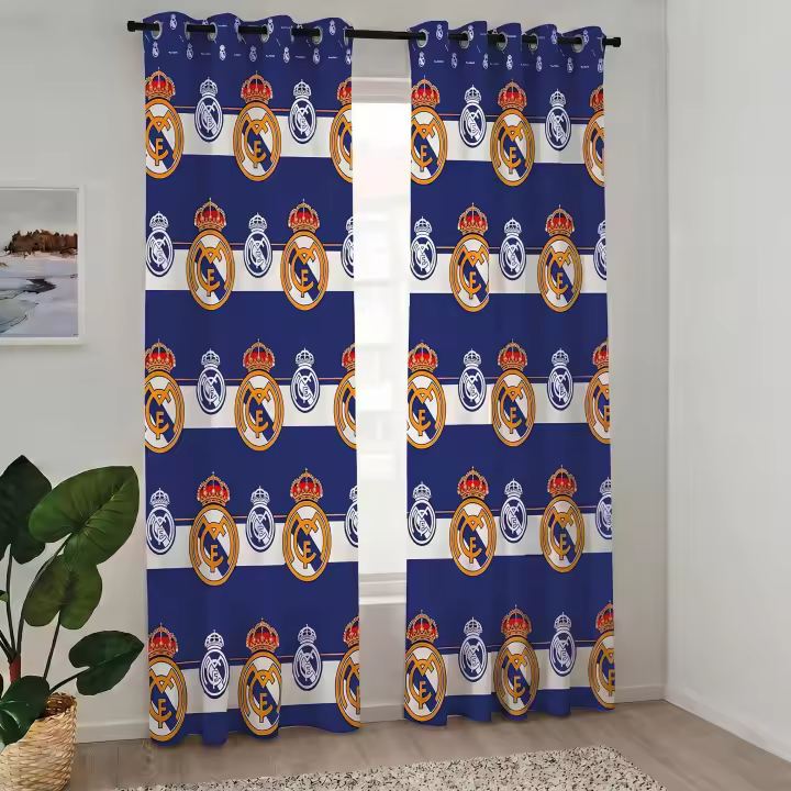 Real Madrid CF - Cortina Estampada Azul Real Madrid CF Oficial 150 x 260 cm unidad 8 ojales Con estampación escudos Real Madrid (Unidad) - 1