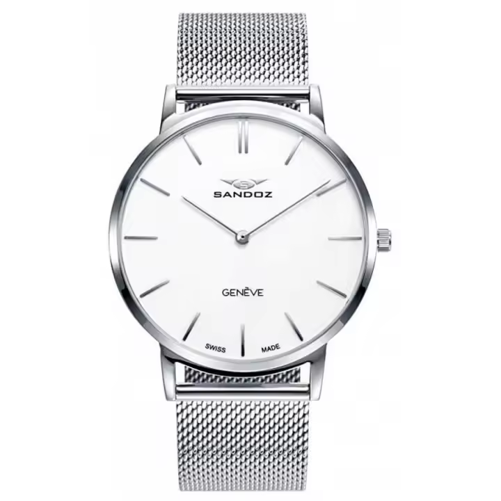 SANDOZ Reloj Caballero  Acero Maquinaria Suiza Cristal Zafiro Malla Milanesa Slim Esfera blanca - 1