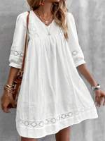 Vestido De Verano Estilo De Vacaciones Con Encaje Y Parches En Color Sólido Y Cuello En V Vestido De Algodón Suelto Y Manga De Luces - details 2