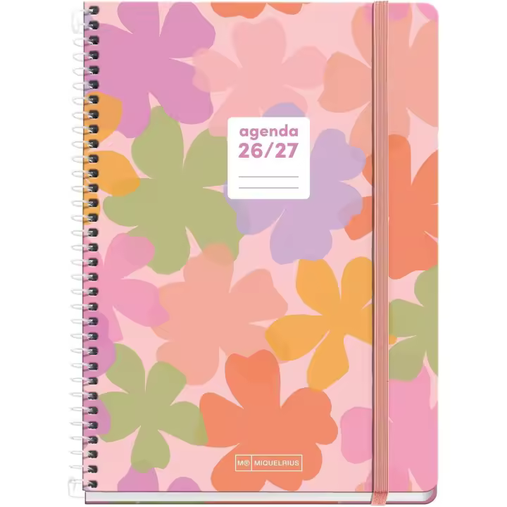 Miquelrius MR21148 Agenda escolar 2026 2027 día página 10 meses, A5+ (15,5×21,5 cm), Cartón forrado, Espiral metálico, Bolsillo interior, Stickers, Regla marcapáginas, Cierre con goma, Español-EN, Summery - 1
