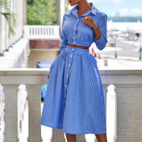 Conjunto De Vestido Elegante Para Mujer BAMBOOBOY Azul Rayado Con Manga Larga Botones Y Shorts Camisa De Cuello En V Y Falda Plisada Cintura Alta Talla MÁS GRANDE Estilo De Calle Moda Verano - details 1
