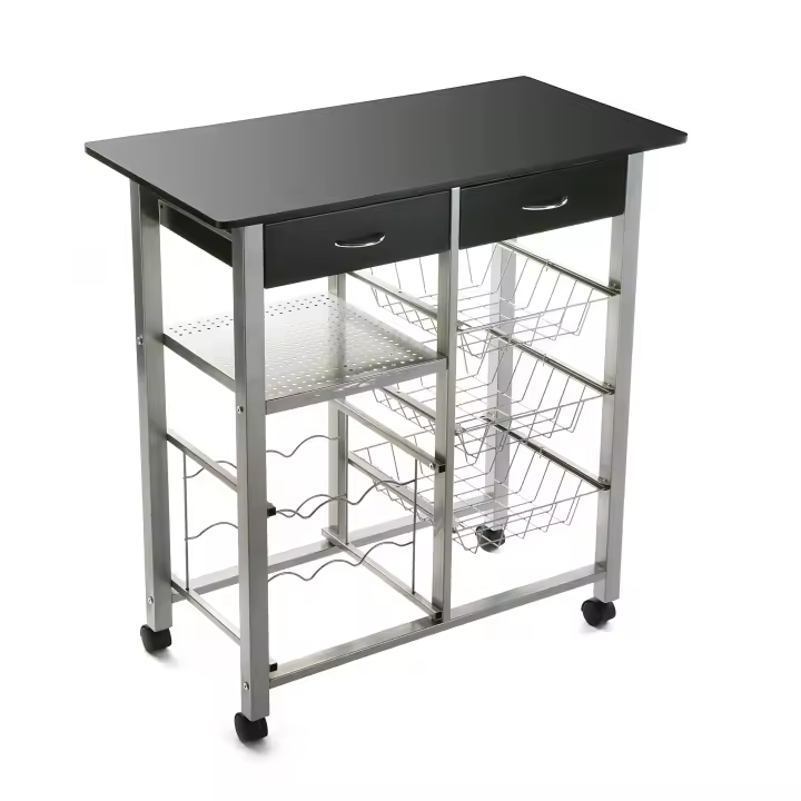 Versa Leicester Carro de cocina con ruedas, cajones y botellero, Verdulero con despensa y organizadores, Almacenaje de cocina, , Medidas (Al x L x An) 82 x 40 x 76 cm, Madera y Metal, Color Negro - 1