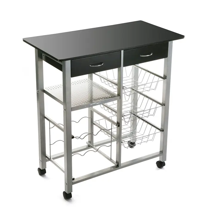 Versa Leicester Carro de cocina con ruedas, cajones y botellero, Verdulero con despensa y organizadores, Almacenaje de cocina, , Medidas (Al x L x An) 82 x 40 x 76 cm, Madera y Metal, Color Negro - 1