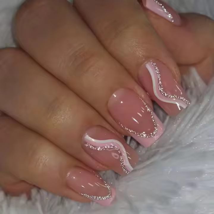24 Piezas De Uñas Postizas Estilo Europeo Mediano Rosa Dulce Y Brillante Con Pads De Uñas Y 1 Tira De Fricción Y 1 Gel De Gelatina - 1