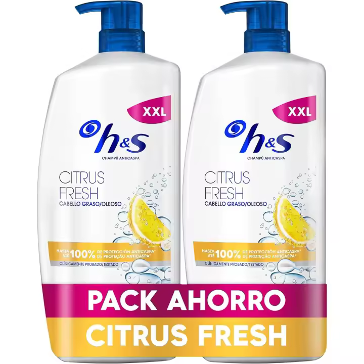 H&S Citrus Fresh Champú Anticaspa para Pelo Graso 2x1000ml, con Dispensador. Hasta 100% de Protección Anticaspa, Clínicamente Probado. Frescor y Limpieza con Aroma a Cítricos, New Version - 1
