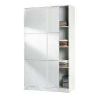 Meimon Armario de 2 puertas correderas con diseño moderno en blanco brillo, equipado con barra de colgar aluminio extraíble, guías ABS para puertas, soportes metálicos para estantes, tiradores ABS, molduras adhesivas gris mate aluminio - details 3