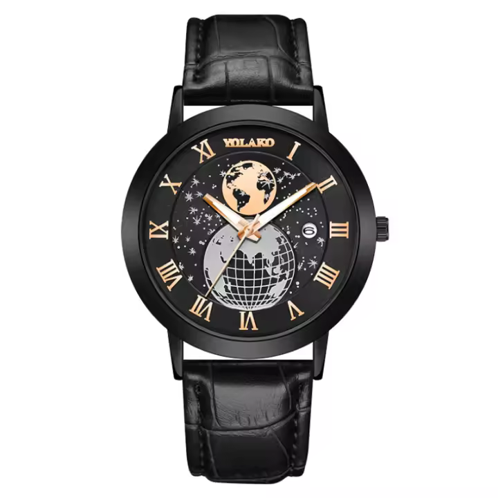Nuevo reloj para hombre con calendario y representación de la tierra, correa de cuero, un reloj con un diseño único y funcional para el hombre - 1