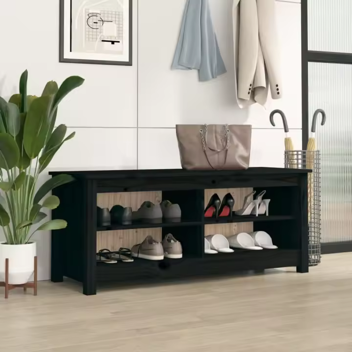 vidaXL Banco zapatero madera maciza de pino negro 110x38x45,5 cm - 1