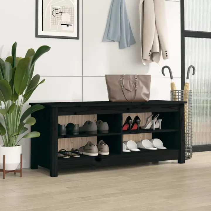 vidaXL Banco zapatero madera maciza de pino negro 110x38x45,5 cm - 1