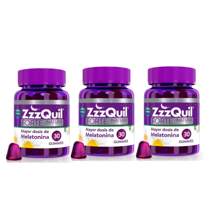 ZzzQuil  Natura Forte Complemento Alimenticio para Dormir, Mayor Dosis de Melatonina, en Gummies con Extractos de Valeriana, Camomila y Lavanda. 3x30 Gummies - 1