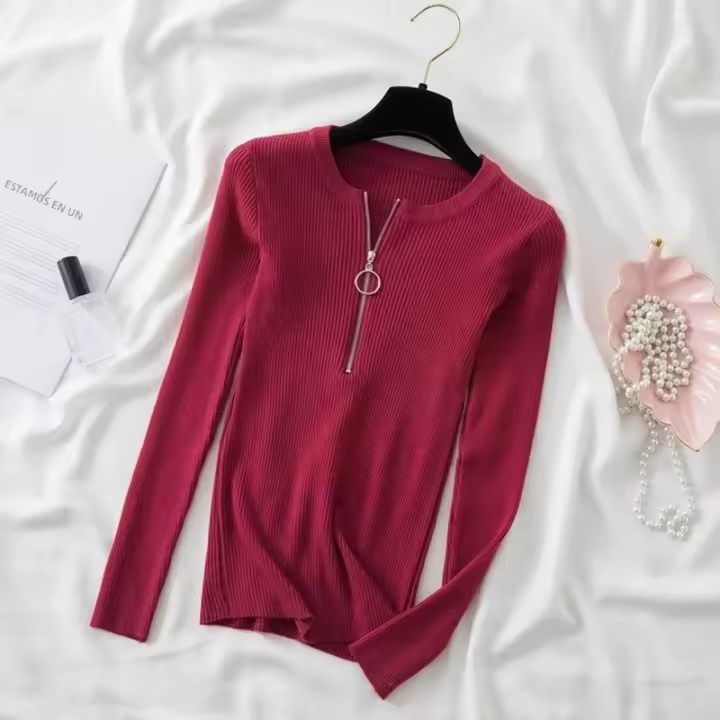 Suéter De Punto Para Mujer Con Cremallera Estilizado De Otoño/invierno Cuello En V Manga Larga Suave Y Ajustado - 1