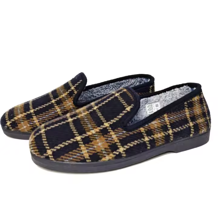 Zapatillas de Estar por Casa Hombre Cuadros con Pelo Zapatos Mocasines Paño Plano Cerradas Slipper Termicas Comodas Pantufla Suela Caucho MADE IN SPAIN - 1