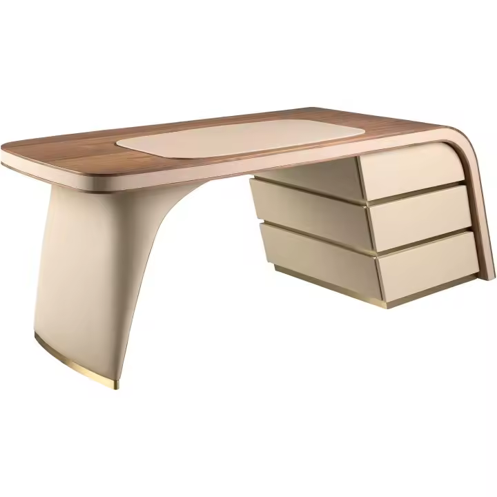 ANGEL CERDÁ - Mesa de Escritorio en Madera Nogal y Polipiel Crema - Escritorio Trabajo con 3 Cajones Push & Pull - Escritorio Moderno para Oficina o Habitación - 215 x 80 x 75 cm - 1