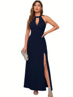 Vestido Elegante De Noche Para Mujer Con Abertura En El Brazo Y Cuello Alto Vestido Largo Para Cóctel De Polyester Y Spandex - details 11