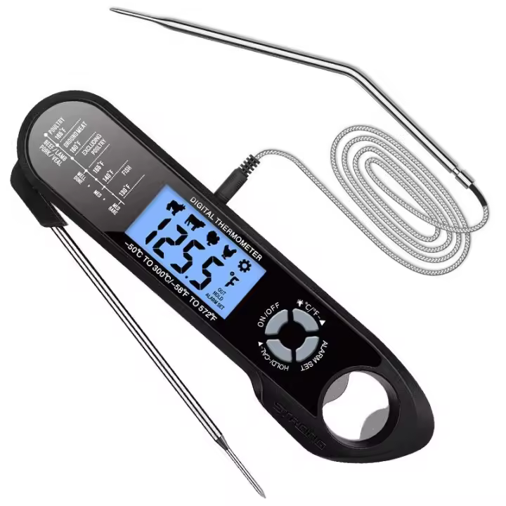 Termómetro de cocina, termómetro de cocina digital LCD de lectura instantánea con sondas duales y cable largo, ajuste de alarma e imán, temperatura preestablecida para carne, barbacoa, pastelería, leche, etc. - 1