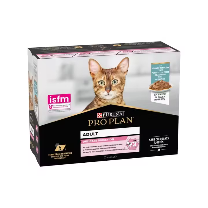PRO PLAN - Delicate Digestion Adult Sobres (10x85 gr) - Alimento Húmedo Completo para Gatos Adultos con Digestiones Sensibles (Pescado del Océano en Salsa) - 1