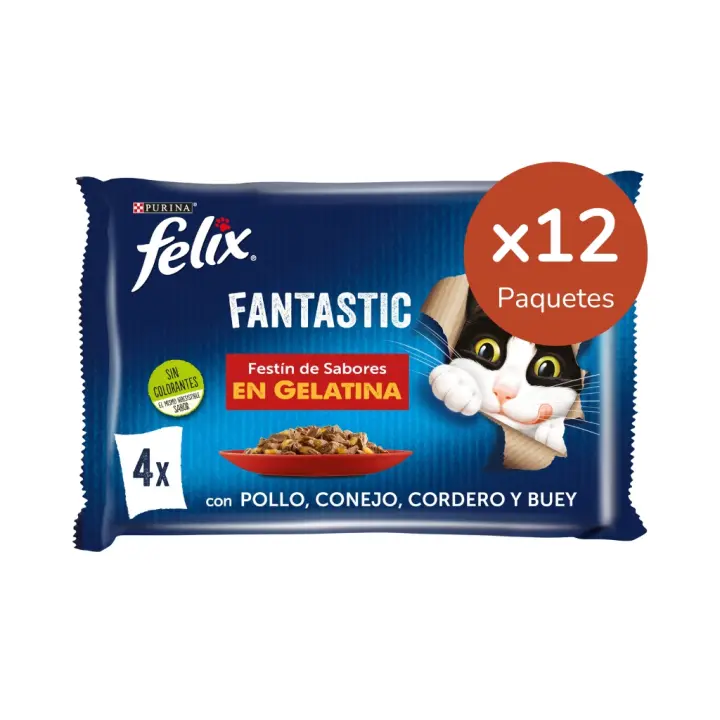 FELIX - Fantastic Gelatina (48x85 gr) - Comida Húmeda Festín de Sabores (Buey, Pollo, Conejo y Cordero) (12x4x85 gr) - 1