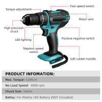 Taladro de impacto eléctrico de alta velocidad, 4000rpm, 520N.m, Torque de 10mm, Portabrocas, martillo de taladro plano, destornillador eléctrico para batería Makita de 18V Sin batería - details 4