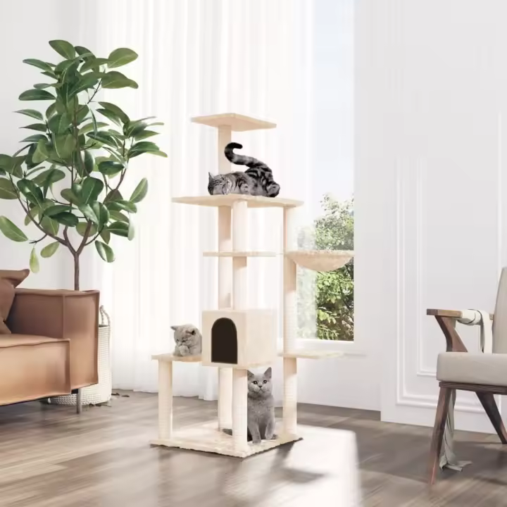vidaXL Rascador para Gatos con Postes de Sisal 142 cm Juguete Torre Color Crema,  Gris claro,  Gris oscuro y mas - 1