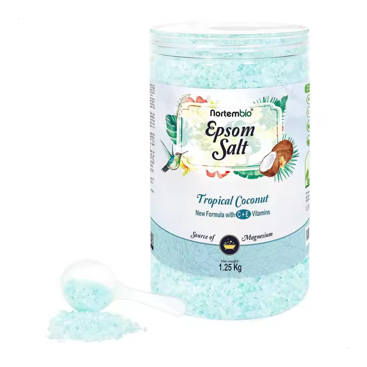 Nortembio. Sal Epsom 1,25g. Fragancia Coco Tropical. Sal de baño Hidratante con Vitamina C y E. Relajación y Aromaterapia. - 1