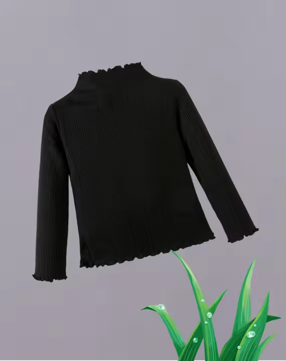 Suéter De Cuello Alto Negro Cómodo Y Elegante Diseño De Encaje Para Niñas Top De Punto De Algodón Y Spandex Para Todas Las Estaciones - 1
