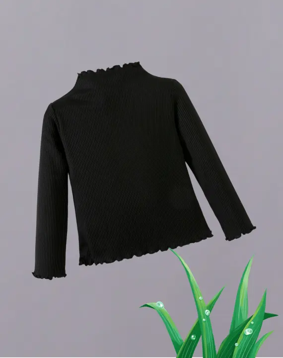 Suéter De Cuello Alto Negro Cómodo Y Elegante Diseño De Encaje Para Niñas Top De Punto De Algodón Y Spandex Para Todas Las Estaciones - 1