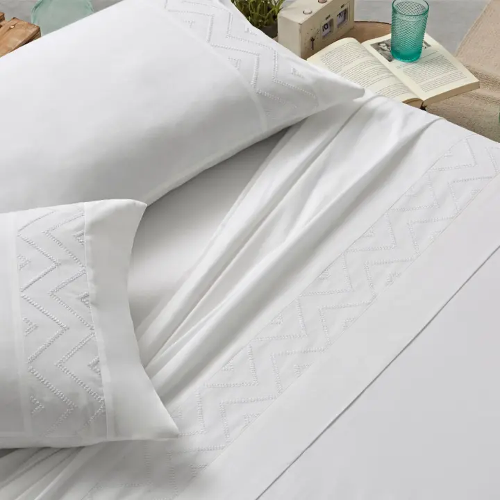 Juego de Sábanas 100% Algodón Percal 200 Hilos | Bordado Elegante | Todas las Medidas | Tacto Suave Premium | Blanco - 1