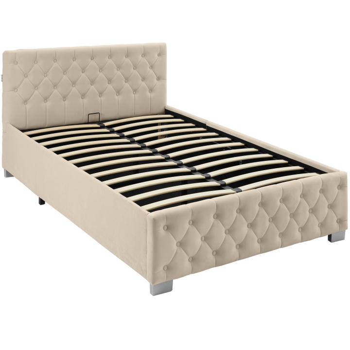 TECTAKE - Cama acolchada con tiras LED y espacio de almacenamiento, Elegante con fino revestimiento de terciopelo y capitoné estilo Chesterfield, Iluminación LED lateral e indirecta con varios modos y colores, Incluyendo mando a distancia, Abatible