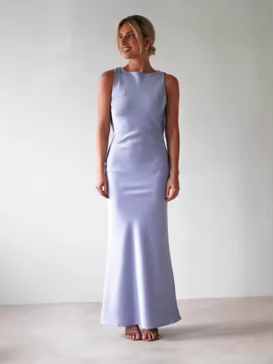 Vestido Largo Elegante Y Delgado De Verano Sin Mangas De Cuello Redondo Retro Para Vacaciones Estilo Casual Y Moda Color Sólido - 1