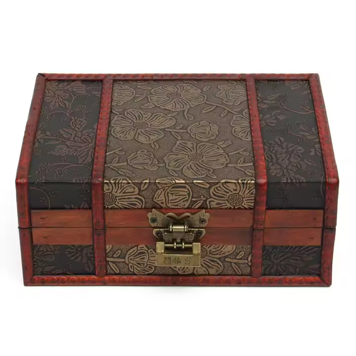 Cerradura de joyería de baratija decorativa grande, caja de regalo de almacenamiento de madera Vintage hecha a mano - 1