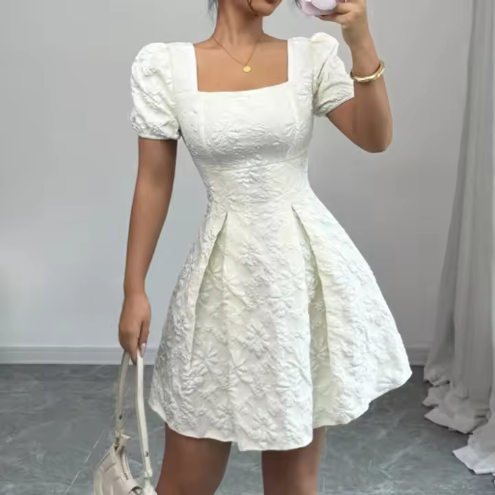 Vestido De Verano Para Mujer Blanco Puro Con Cuello Cuadrado Y Falda A-line Corto Con Mangas Estilo Coreano Alta Cintura Streetwear - 1
