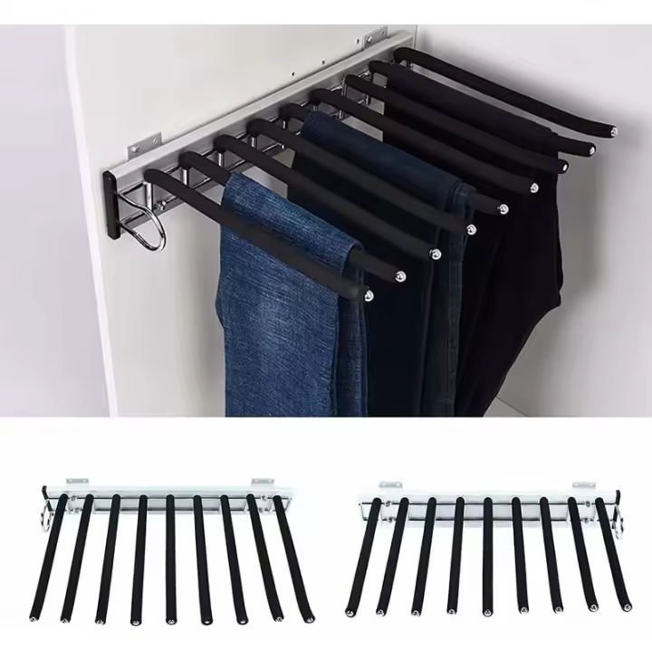 Perchero Deslizante para Armario con 9 Brazos, Barra para Colgar de Acero Inoxidable, Riel para Colgar Extensible para Pantalones, Toallas, Corbatas, 32,6 cm × 46 cm (Estándar 072B (Izquierdo) Negro), Sunny - 1