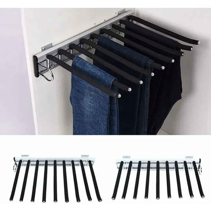 Perchero Deslizante para Armario con 9 Brazos, Barra para Colgar de Acero Inoxidable, Riel para Colgar Extensible para Pantalones, Toallas, Corbatas, 32,6 cm × 46 cm (Estándar 072B (Izquierdo) Negro), Sunny - 1